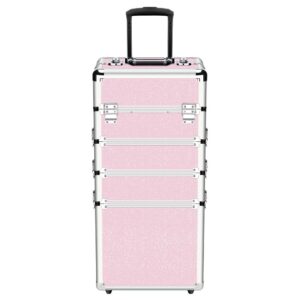 OUDMAY Makeup Case - 4 in 1 Professional Cosmetics Rolling Train Organizer with Aluminum Frame and Folding Trays Pink Diamonds