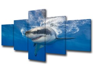 tumovo 5 piece great white shark paintings wall art canvas prints black and white large animal wall poster artwork pictures for home office wall decorations framed ready to hang - 50" w x 24" h