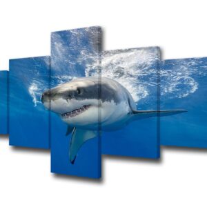 TUMOVO 5 Piece Great White Shark Paintings Wall Art Canvas Prints Black and White Large Animal Wall Poster Artwork Pictures for Home Office Wall Decorations Framed Ready to Hang - 50" W x 24" H