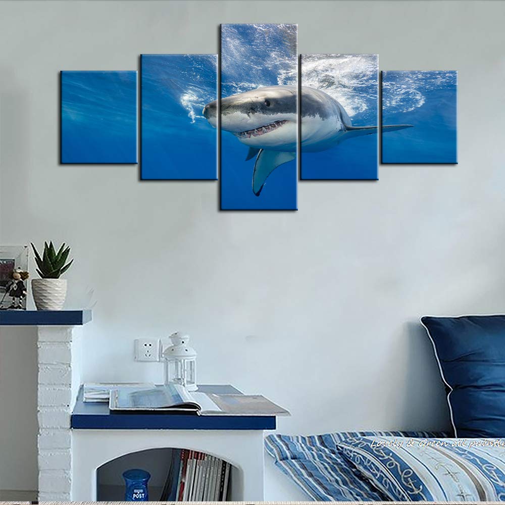 TUMOVO 5 Piece Great White Shark Paintings Wall Art Canvas Prints Black and White Large Animal Wall Poster Artwork Pictures for Home Office Wall Decorations Framed Ready to Hang - 50" W x 24" H