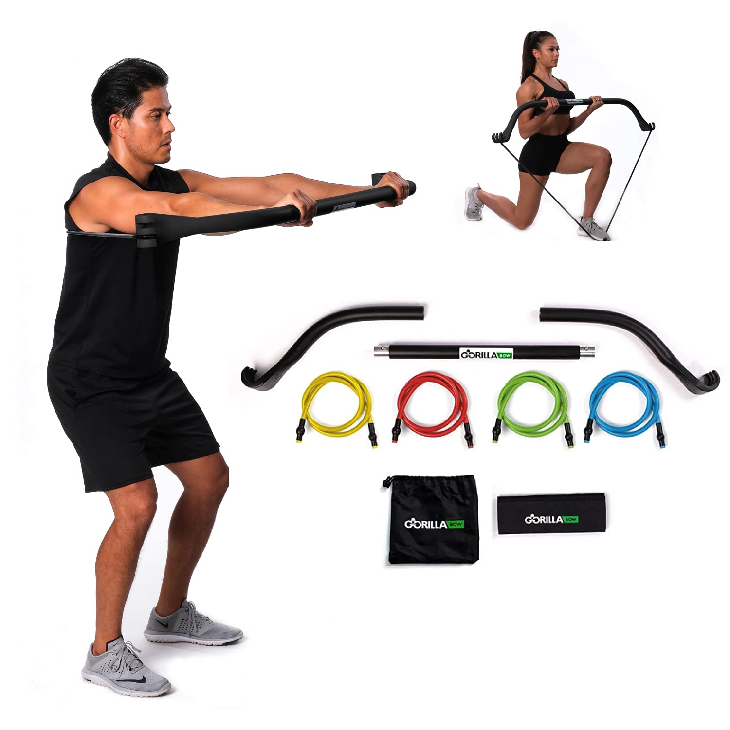 Gorilla Bow Portable Home Gym Resistance Bands and Bar System for Travel, Fitness, Weightlifting and Exercise Kit, Full Body Workout Equipment Set (Travel Bow, Black, Base Bundle)