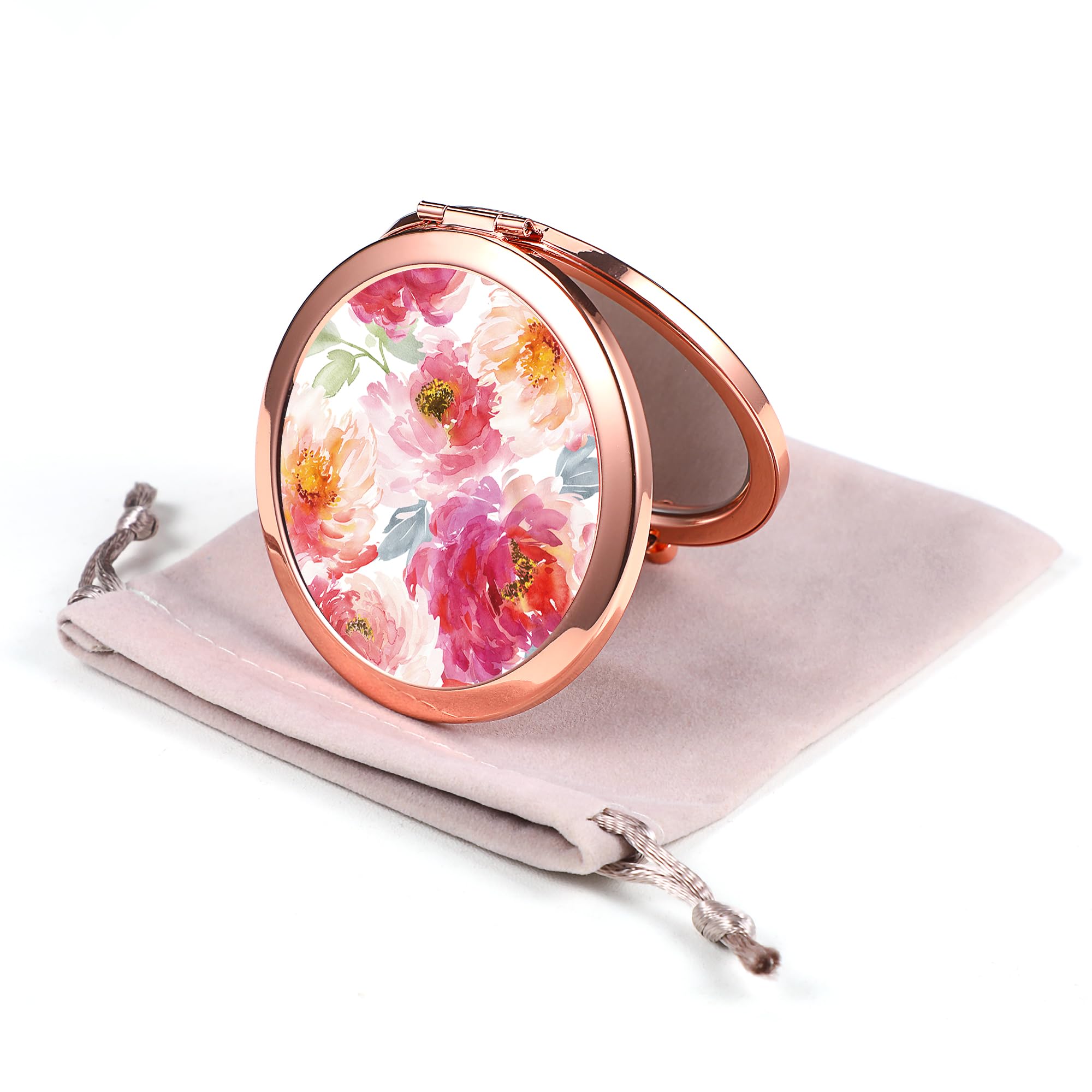 Dynippy Compact Mirror Rose Gold Makeup Mirror Folding Mini Pocket Mirror Portable Hand Mirror Double-Sided 2 x 1x Magnification for Woman Girls (A-Watercolor Flower)