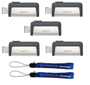 sandisk ultra 32gb dual drive usb type-c (five pack) works with smartphones, tablets, and computers (sdddc2-032g-g46) bundle with (2) everything but stromboli lanyard