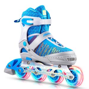 papaison inline skates for boys and girls with full light up wheels, beginner adjustable illuminating roller skates for kids youth women and men size medium (2-4.5 kids) color blue & grey…