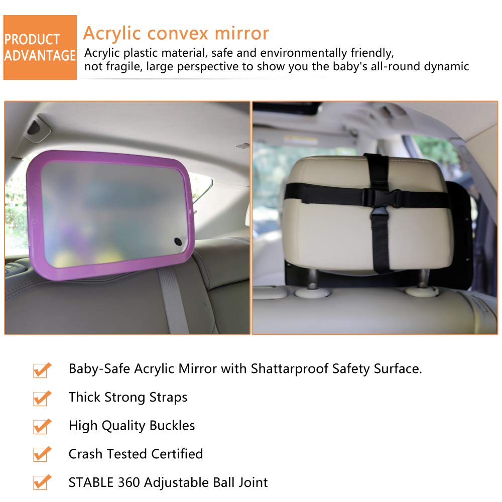 TYSKL Baby Mirror for Car - Safety Car Seat Mirror for Rear Facing Infant with Wide Crystal Clear View - Adjustable Acrylic 360°for Backseat - Safe, Secure and Shatterproof (Purple)