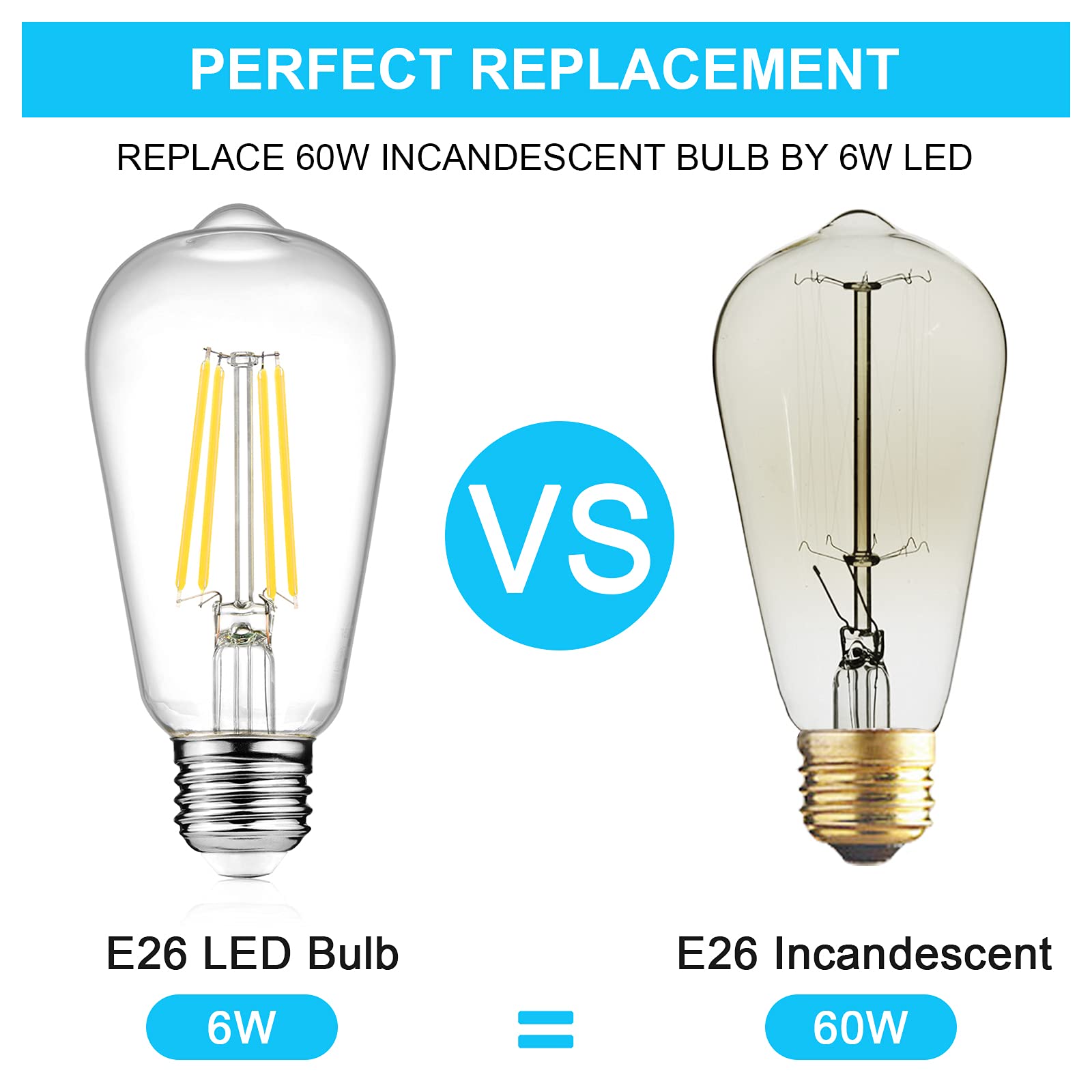 Ascher LED Edison Bulbs 6W, Equivalent 60W, High Brightness Daylight White 4000K, 700 Lumens, ST58 Vintage LED Filament Bulbs with 80+ CRI, E26 Base, Non-Dimmable, Clear Glass, 4 Packs