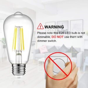 Ascher LED Edison Bulbs 6W, Equivalent 60W, High Brightness Daylight White 4000K, 700 Lumens, ST58 Vintage LED Filament Bulbs with 80+ CRI, E26 Base, Non-Dimmable, Clear Glass, 4 Packs