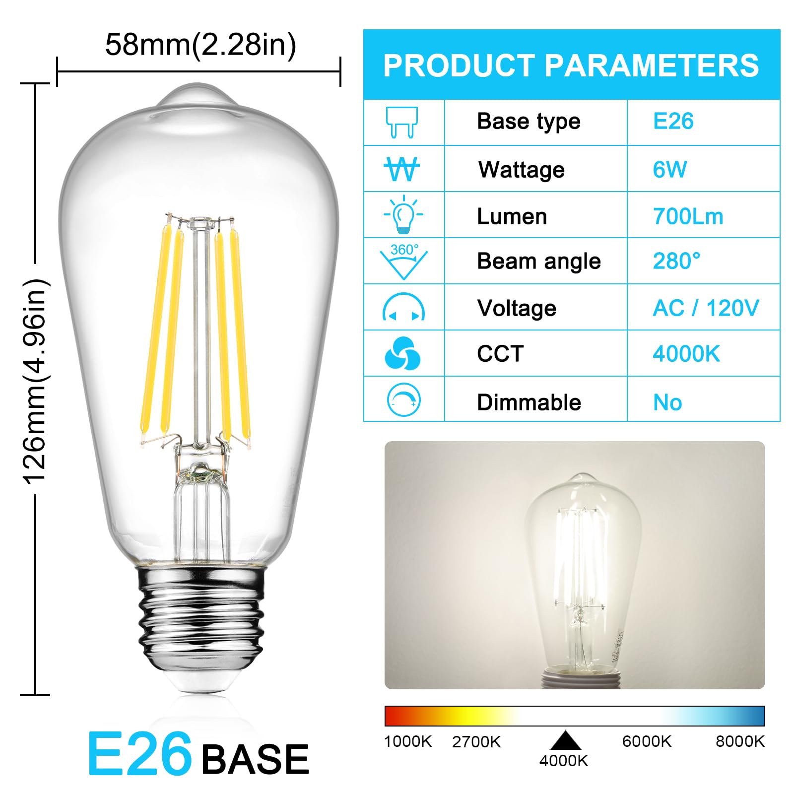 Ascher LED Edison Bulbs 6W, Equivalent 60W, High Brightness Daylight White 4000K, 700 Lumens, ST58 Vintage LED Filament Bulbs with 80+ CRI, E26 Base, Non-Dimmable, Clear Glass, 4 Packs