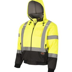 Pioneer Hi Vis Safety Bomber for Men - Waterproof, Reflective, ANSI Class 3, Winter Rain Jacket with Detachable Hood