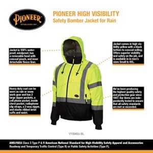 Pioneer Hi Vis Safety Bomber for Men - Waterproof, Reflective, ANSI Class 3, Winter Rain Jacket with Detachable Hood