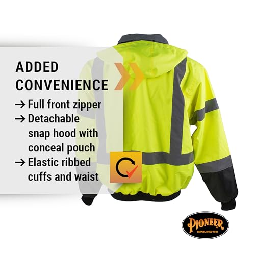 Pioneer Hi Vis Safety Bomber for Men - Waterproof, Reflective, ANSI Class 3, Winter Rain Jacket with Detachable Hood