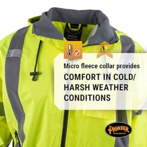 Pioneer Hi Vis Safety Bomber for Men - Waterproof, Reflective, ANSI Class 3, Winter Rain Jacket with Detachable Hood