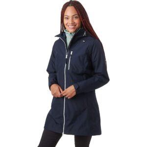 helly hansen women's long belfast waterproof windproof breathable raincoat jacket with hood, 597 navy, small