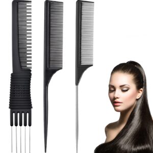 3 pack black carbon lift teasing combs with metal prong, salon teasing back combs, black carbon comb with stainless steel lift (style h)