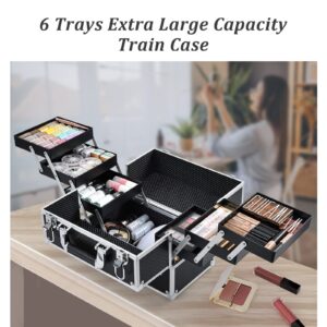 FRENESSA Makeup Train Case 12 inch Large Portable Cosmetic Case - 6 Tier Trays Professional Makeup Storage Organizer Box Make Up Carrier with Lockable keys Travel Case for Women and Girls - Black