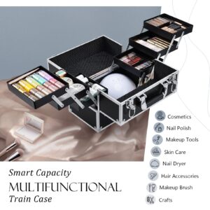 FRENESSA Makeup Train Case 12 inch Large Portable Cosmetic Case - 6 Tier Trays Professional Makeup Storage Organizer Box Make Up Carrier with Lockable keys Travel Case for Women and Girls - Black