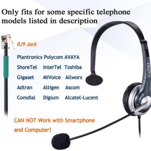 Callez Corded RJ9 Telephone Headset Mono with Noise Canceling Mic Compatible with ShoreTel 230 420 480 Polycom VVX310 VVX311 VVX410 VVX411 Avaya 1408 1416 5410 NEC Nortel Office Landline Deskphones