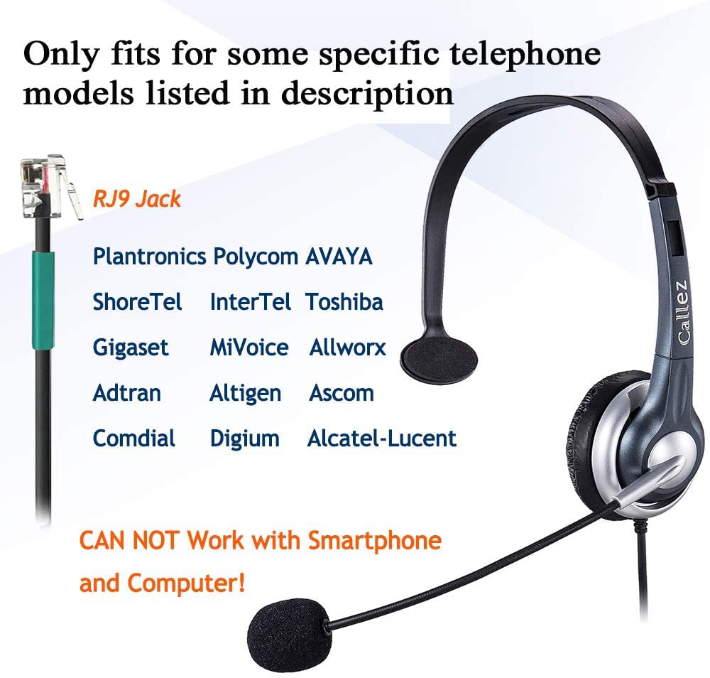 Callez Corded RJ9 Telephone Headset Mono with Noise Canceling Mic Compatible with ShoreTel 230 420 480 Polycom VVX310 VVX311 VVX410 VVX411 Avaya 1408 1416 5410 NEC Nortel Office Landline Deskphones