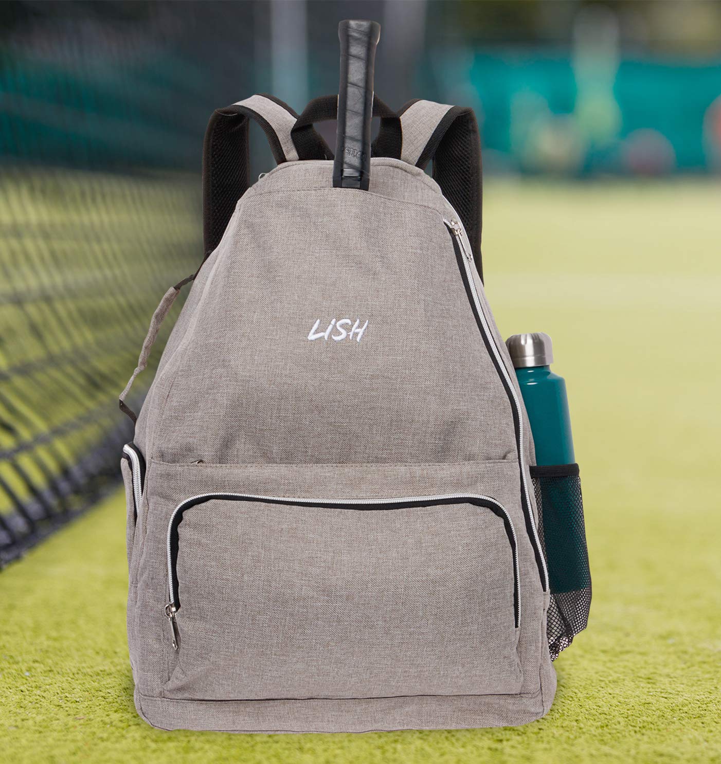 LISH Game Point Tennis Backpack w/Shoe Compartment - Racket Holder Equipment Bag for Tennis, Racquetball, Squash (Grey)