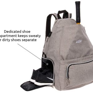 LISH Game Point Tennis Backpack w/Shoe Compartment - Racket Holder Equipment Bag for Tennis, Racquetball, Squash (Grey)