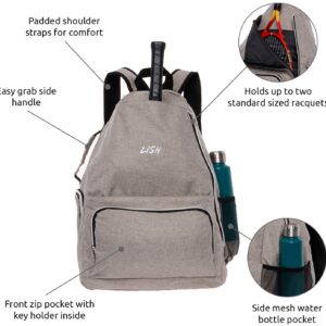 LISH Game Point Tennis Backpack w/Shoe Compartment - Racket Holder Equipment Bag for Tennis, Racquetball, Squash (Grey)