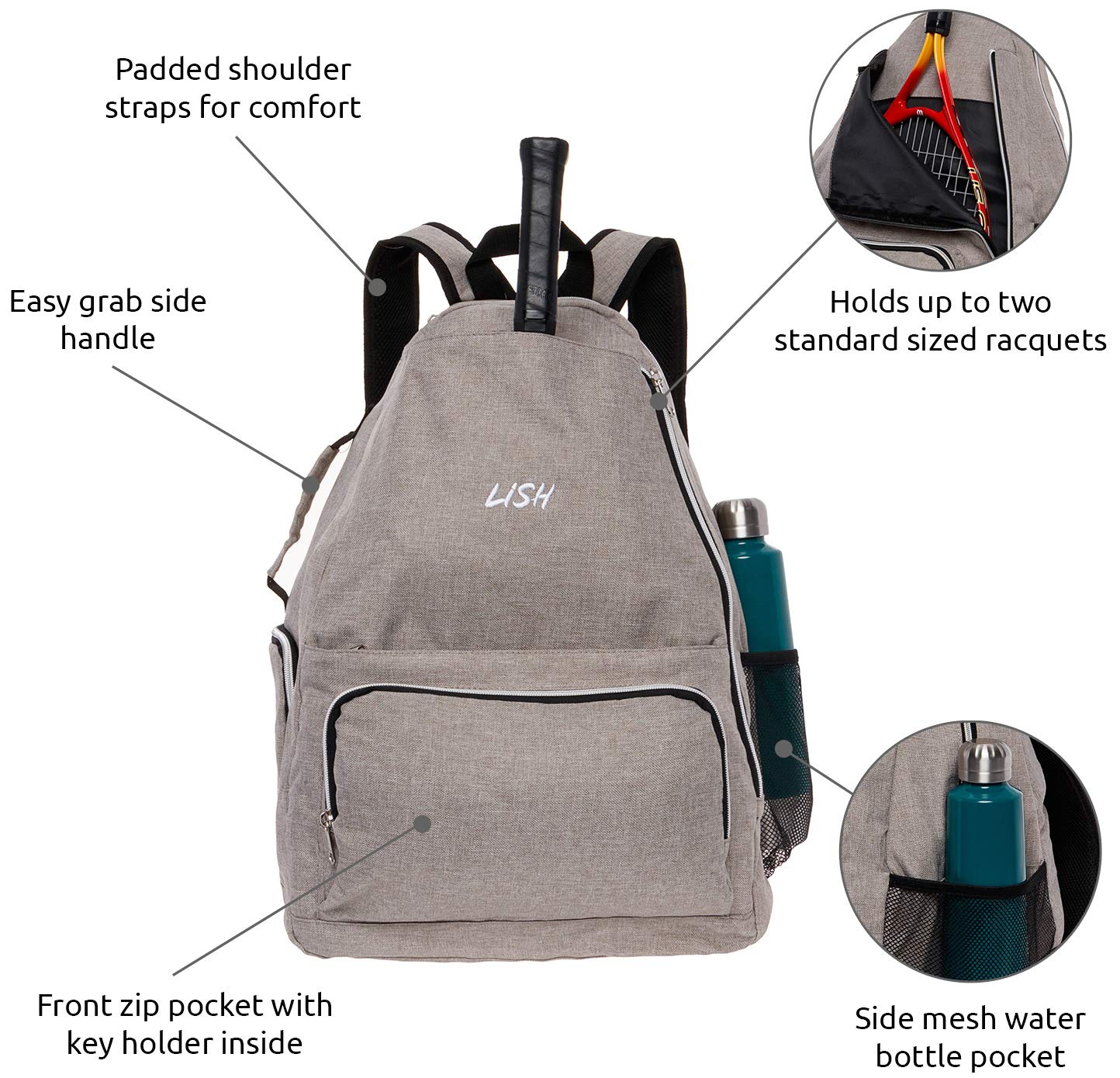 LISH Game Point Tennis Backpack w/Shoe Compartment - Racket Holder Equipment Bag for Tennis, Racquetball, Squash (Grey)