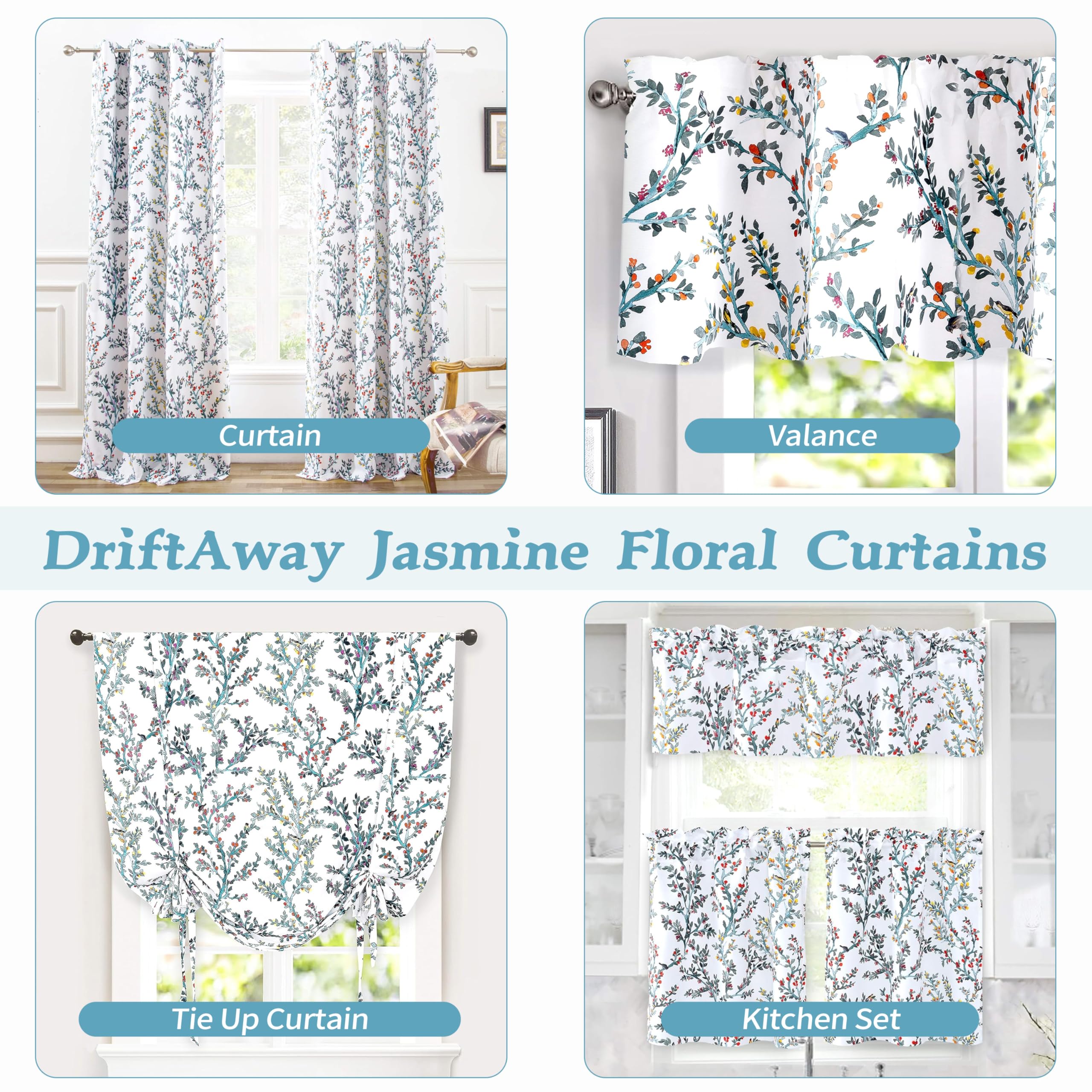 DriftAway Jasmine Watercolor Branch Botanical Thermal Insulated Energy Saving Window Curtain Valance for Living Room Bedroom Kitchen 2 Layers 52 Inch by 18 Inch Plus 2 Inch Header Multi 1 Pack