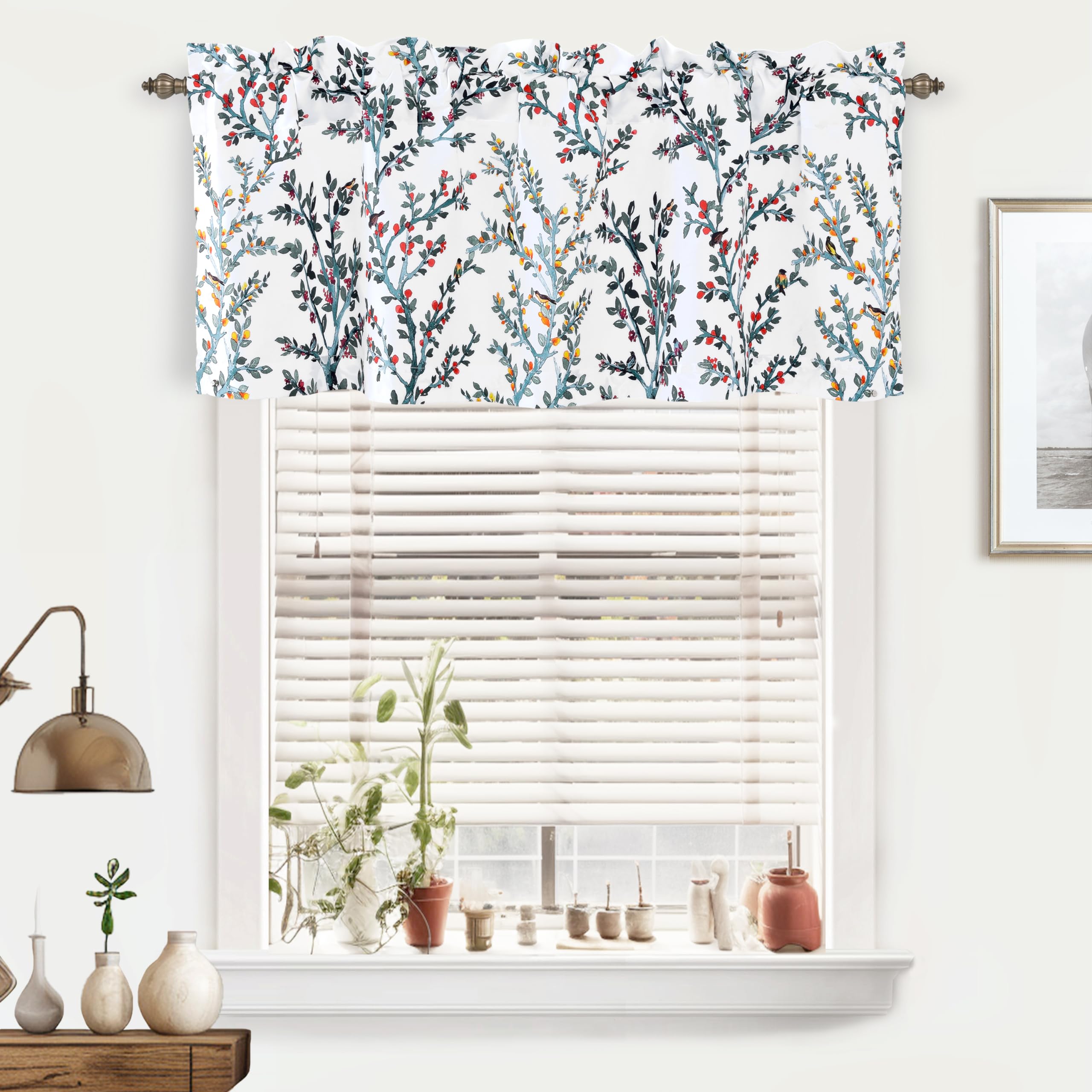 DriftAway Jasmine Watercolor Branch Botanical Thermal Insulated Energy Saving Window Curtain Valance for Living Room Bedroom Kitchen 2 Layers 52 Inch by 18 Inch Plus 2 Inch Header Multi 1 Pack