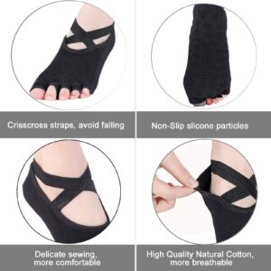 KEBABO Yoga Socks for Non-Slip Women Sock Sox Five Toe with Grips Toeless One Size 2 Pairs 6-10 Black