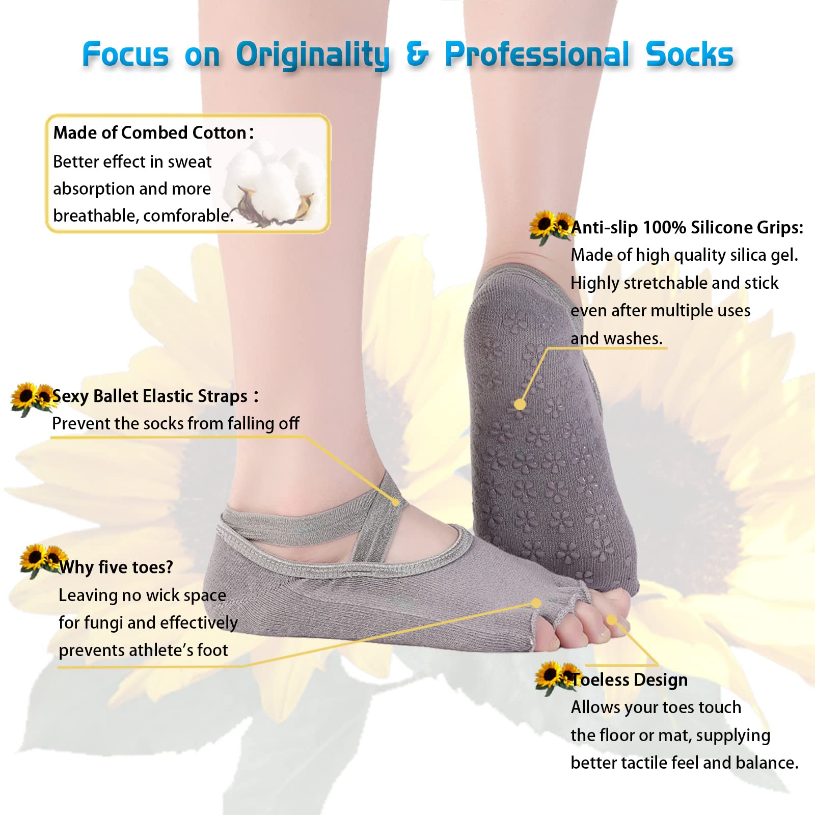 KEBABO Yoga Socks for Non-Slip Women Sock Sox Five Toe with Grips Toeless One Size 2 Pairs 6-10 Black