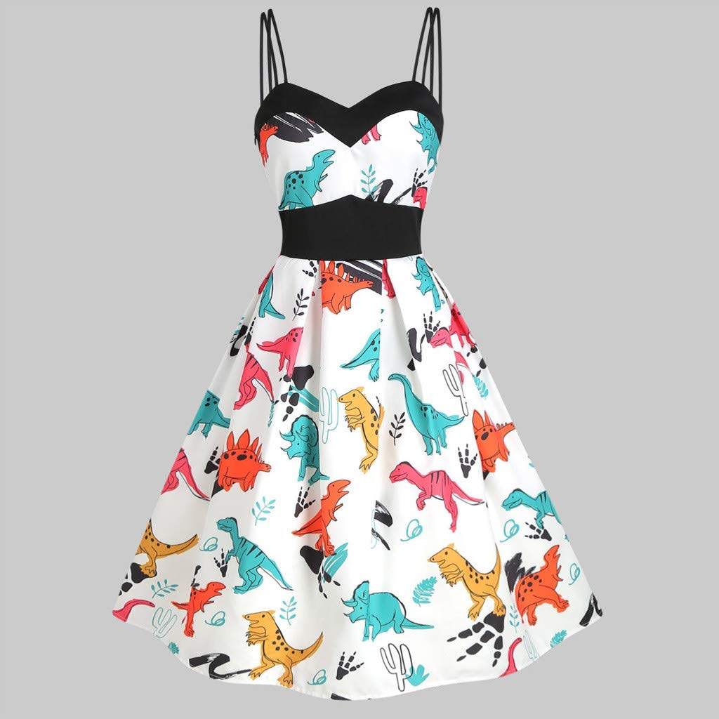 LISTHA Vintage Dance Party Swing Dress Women Dinosaur Empire Waist Mini Dresses