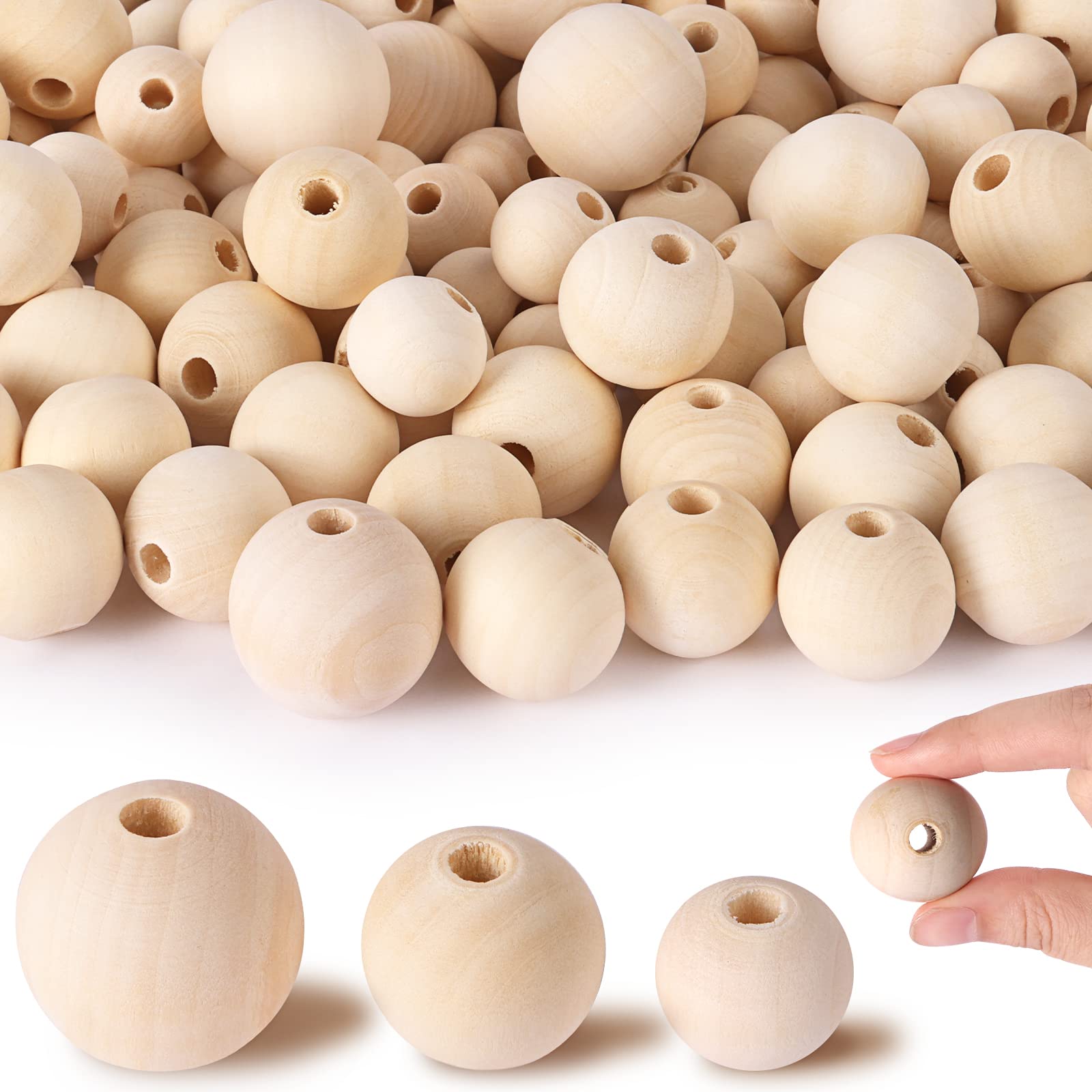 DICOBO 150pcs Wooden Beads Large Size (30mm, 25mm, 20mm) Unfinished Natural Wooden Beads Round Wood Beads Rustic for Garland Macrame, DIY Jewelry Making, Farmhouse Decoration