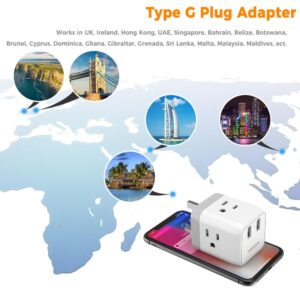 TESSAN US to UK Plug Adapter, Type G UK Travel Plug Adapter, Ireland Scotland Dubai Power Adapter with 3 Outlets and 2 USB Ports, USA to England London British Qatar Kenya Outlet Converter