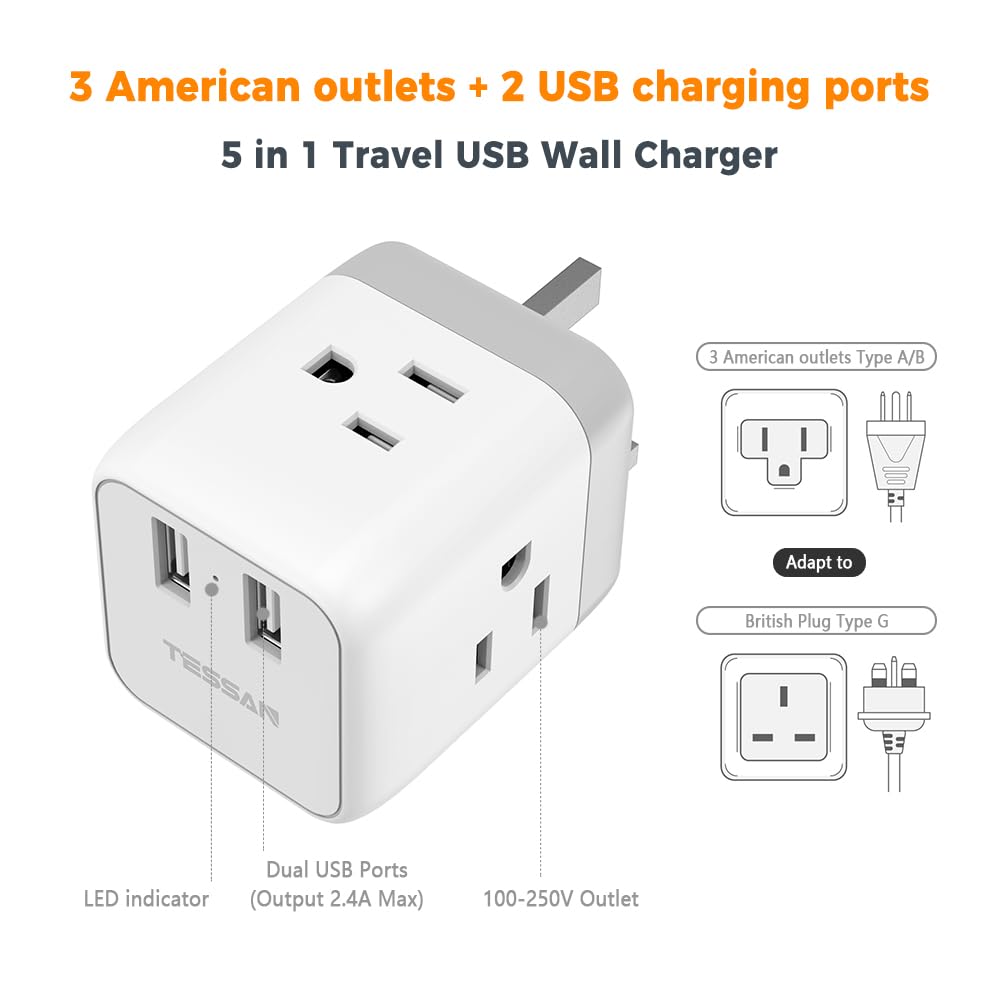 TESSAN US to UK Plug Adapter, Type G UK Travel Plug Adapter, Ireland Scotland Dubai Power Adapter with 3 Outlets and 2 USB Ports, USA to England London British Qatar Kenya Outlet Converter