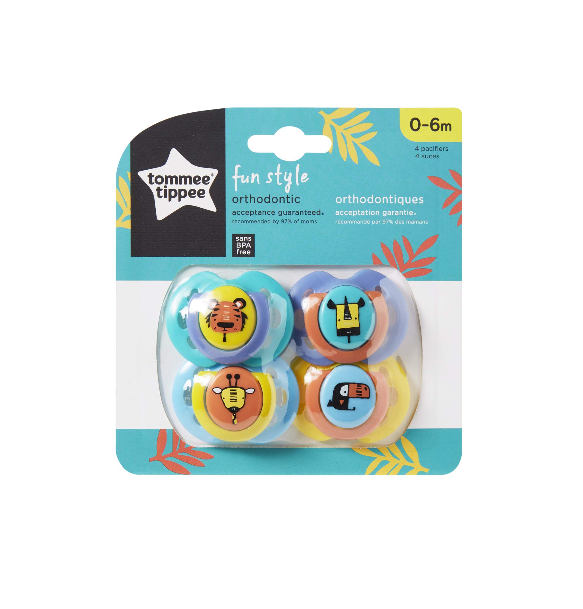 Tommee Tippee Fun Style Pacifiers, Symmetrical Design, BPA-Free Silicone Binkies, 0-6m, 4 Count