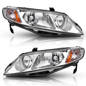 autosaver88 headlight assembly compatible with 2006-2011 civic sedan 4-door headlight assembly headlamp replacement with chrome housing and amber reflector