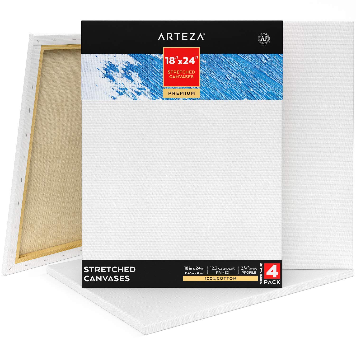 ARTEZA Premium Stretched Canvas, 18 x 24 Inches, Pack of 4, Blank White Canvas for Acrylic, Oil and Gouache Painting