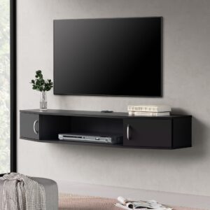 fitueyes floating tv stand wall mounted tv shelf with door wood media console entertainment center under tv floating cabinet desk storage hutch for home and office black