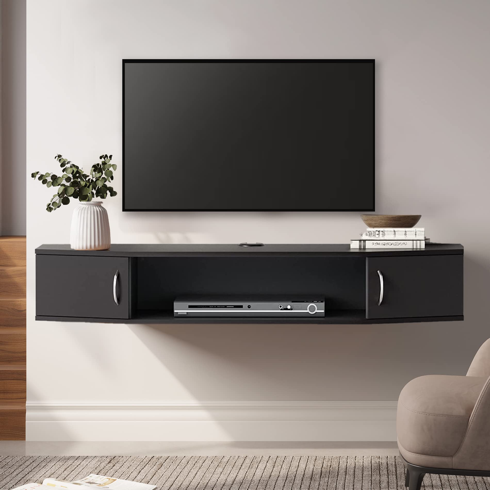 FITUEYES Floating TV Stand Wall Mounted TV Shelf with Door Wood Media Console Entertainment Center Under TV Floating Cabinet Desk Storage Hutch for Home and Office Black