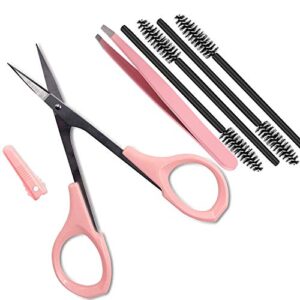 4" curved craft scissors stainless steel unisex eyebrow kit eyebrow scissors, slant tweezers and eyebrow brush for eyebrow eyelash extensions (pink set)