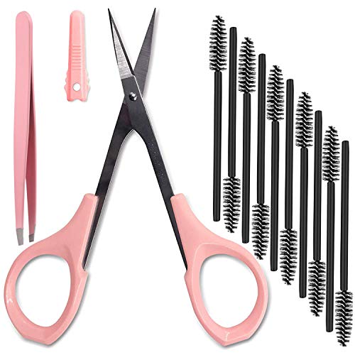 4" Curved Craft Scissors Stainless Steel Unisex Eyebrow Kit Eyebrow Scissors, Slant Tweezers And Eyebrow Brush for Eyebrow Eyelash Extensions (Pink Set)