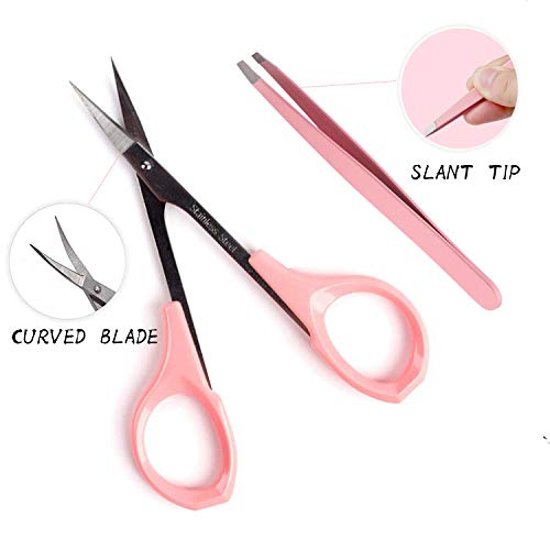 4" Curved Craft Scissors Stainless Steel Unisex Eyebrow Kit Eyebrow Scissors, Slant Tweezers And Eyebrow Brush for Eyebrow Eyelash Extensions (Pink Set)