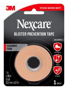 nexcare blister prevention tape, waterproof foam medical tape, sticks firmly to skin to help prevent blisters - 1 in x 5 yds, 1 roll of tape