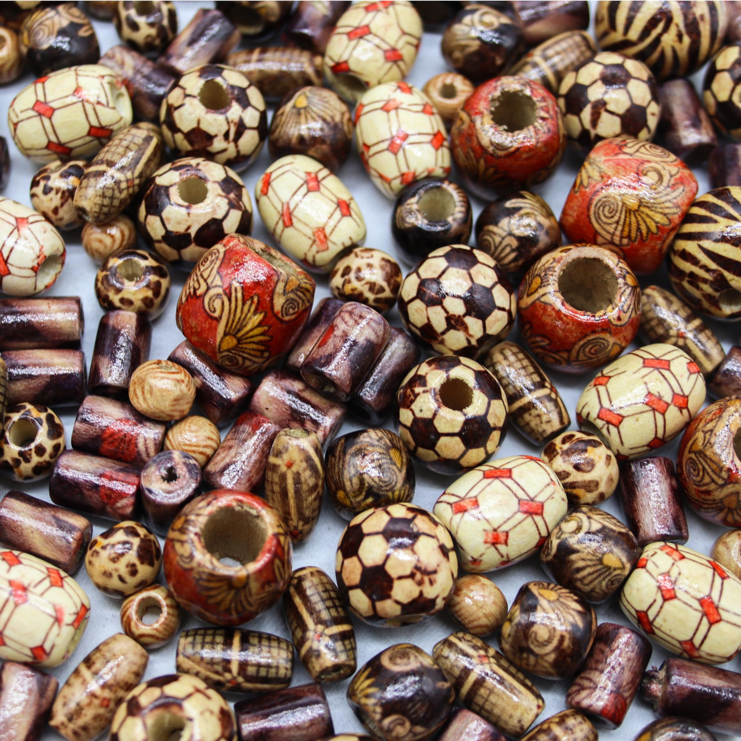 Fun-Weevz 500 PCS Wooden Beads for Jewelry Making Adults, Painted Assorted African Beads, Macrame Supplies Beads, Craft Jewelry Wood Beads for Bracelets & Necklace, Large & Small Round Barrel Tubular