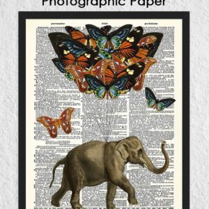 Elephant With Butterfly Balloons Dictionary Wall Art Print: Unique Room Decor for Boys, Men, Girls & Women - (8x10) Unframed Picture