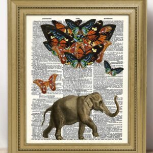 Elephant With Butterfly Balloons Dictionary Wall Art Print: Unique Room Decor for Boys, Men, Girls & Women - (8x10) Unframed Picture