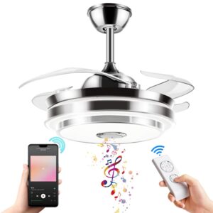 fine maker 42 inch retractable ceiling fan light, 3 color changeable led bluetooth music player 3-speed silent motor chandelier ceiling fan for living/dinning room