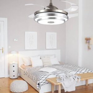 FINE MAKER 42 Inch Retractable Ceiling Fan Light, 3 Color Changeable LED Bluetooth Music Player 3-Speed Silent Motor Chandelier Ceiling Fan for Living/Dinning Room