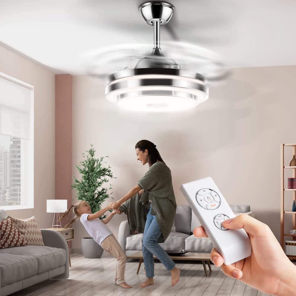 FINE MAKER 42 Inch Retractable Ceiling Fan Light, 3 Color Changeable LED Bluetooth Music Player 3-Speed Silent Motor Chandelier Ceiling Fan for Living/Dinning Room