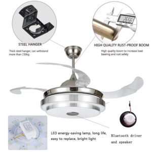 FINE MAKER 42 Inch Retractable Ceiling Fan Light, 3 Color Changeable LED Bluetooth Music Player 3-Speed Silent Motor Chandelier Ceiling Fan for Living/Dinning Room